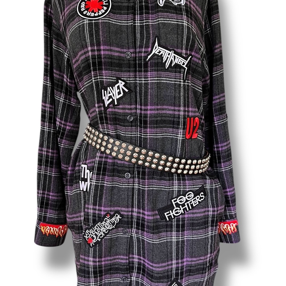 Plaid Flannel Grunge Rock Punk Dress Purple Black (12) Large All Over Patches